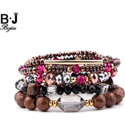 BOJIU Classic Strand Bracelets Set For Women Boho Crystal Hematite Brass Beads Bracelet Femme Ag. Stone Glass Bracelet BCSET139