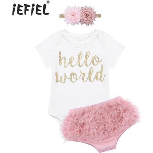 New Born Baby Girl Clothes Cute Letter Print Infant Baby Romper Birthday Party Short Sleeves Dress with Bloomers Headband Sets