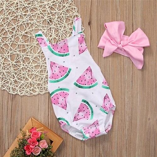 2019 New Newborn Infant Baby Girls Watermelon Strap and Headband Clothes Sunsuit Summer