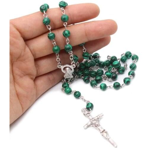Regilious Cross Pendant Rosary Necklace Fashion Beads Chain Catholic Gift Malachite Choker Women Men Present