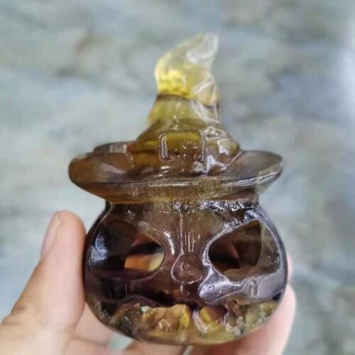 Natural fluorite Carved Hollowed out pumpkin skull For Halloween decoration