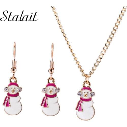 Romantic Christmas Gifts Snowman Pink Scarf Earrings Necklace Set Rhinestone Jewelry Accessories Lovely Xmas Gifts For Women