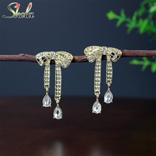 SHELA Bowknot Earrings For Women Rhinestone Elegant Trendy Fashion Jewelry Pendientes Dangle wholesale S925 Sterling SilverPin