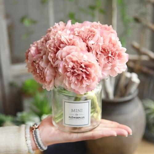 Silk Flower Artificial Flowers Mini Peony with Leaf Bridal Bouquet Decor Wedding Decoration Home Party Decoration 5pcs/lot
