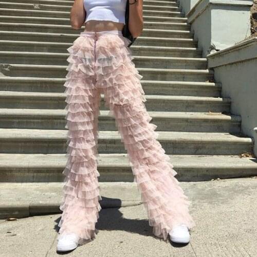Chic Tiered Tulle Pants for Women Layered Tiers Pink Tulle Women Pants Street Stylish Fashion Ladies Long Trousers