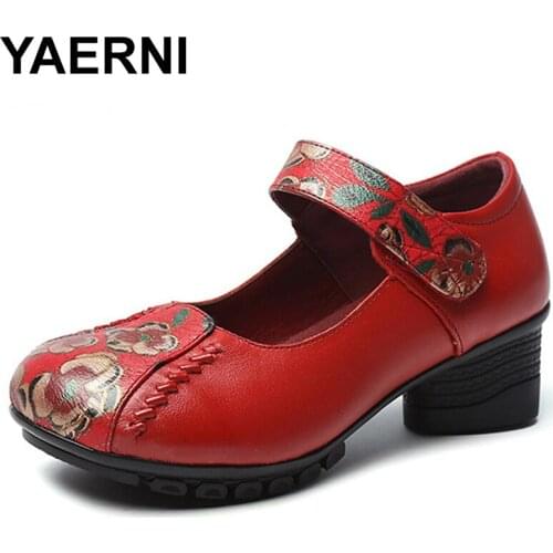 YAERNI2020 Spring Autumn National Style Women Pumps Flower Printing Round Toe Genuine Leather Women Chunky Heel Shoes Plus Size