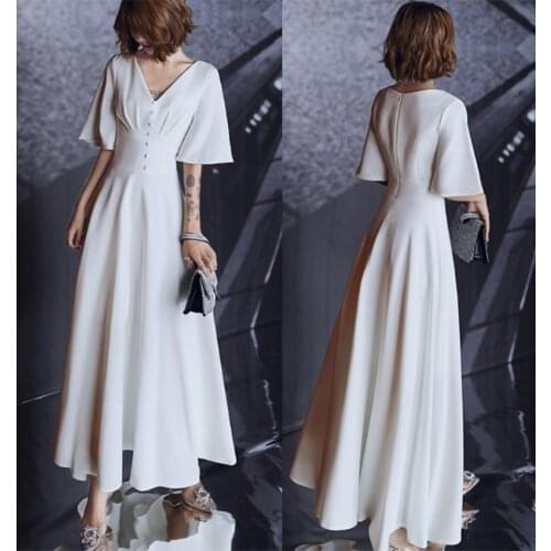 A-Line Vintage Ankle Length Wedding Dress 2021 Korean Soft Satin V Neck Short Sleeves Bridal Gowns vestidos de mairee Wedding