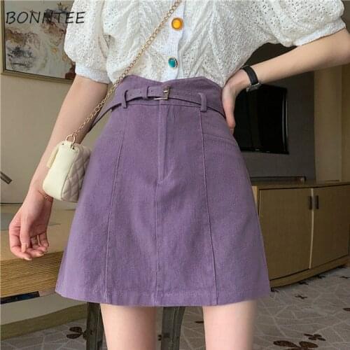 Skirts Women Solid Sashes A-line Stylish Ulzzang Summer High Waist Student Fashion Mini Skirt Leisure Purple All-match Ins Daily