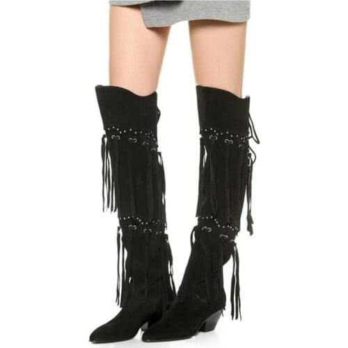 New runway black color tassels thigh high boots for women chunky heel pointed toe long boats low heel over the knee high booties
