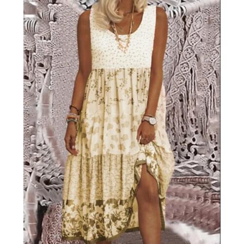 Summer sleeveless patchwork print midi dress robe grande taille femme Pink blue yellow vestidos verano 2021