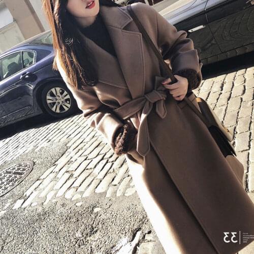 Bella philosophy autumn winter OL Women Belt Coat Turn-down Collar female Wool Coat ladies Loose Solid thick jackets