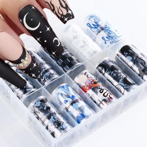 1Box Black Nail Transfer Foil Moon Star Grid Flame French Stickers New Year Nail Art Decal Manicure Sliders Accessories LEFB2122