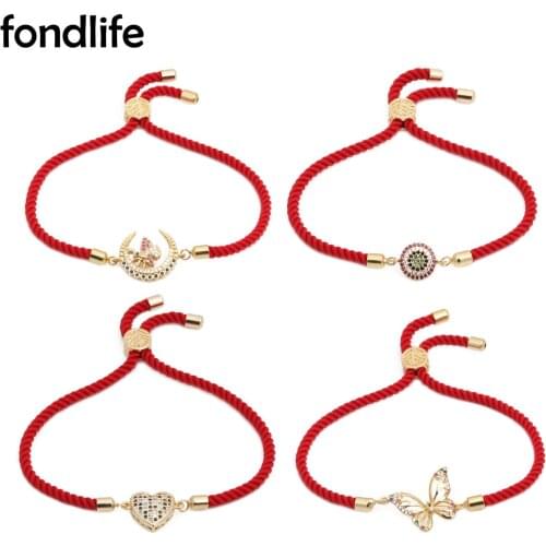 AAA Cubic Zirconia Stones Butterfly Moon Inside Bee Circle Peach Heart Charm Bracelet Women Red Cord Macrame Adjustable Jewelry