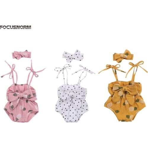 FOCUSNORM 0-24M Boys Girls Bodysuits Headband 2pcs Floral/Polka Dot Print Sleeveless Bowknot Belt Jumpsuits