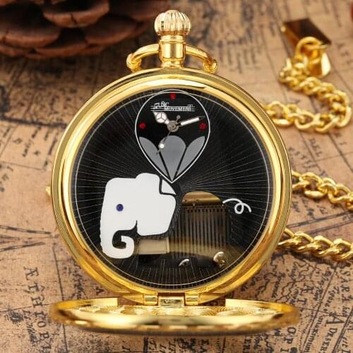 Black Gold Hand Crank Playing Music Elephant Animal Design Quartz Pocket Watch Musical Movement FOB Steampunk Chain Watch Gifts
