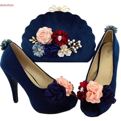 Doershow D.blue Italy Shoe and Bag Women High Quality Italian Shoe and Bag Set Decorated with Rhinestone African Wedding SWR1-15