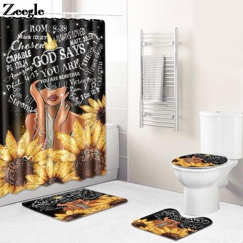 African Girl Printed Home Decor Bathroom Rug Set Toilet Mat Bathroom Bath Mat and Waterproof Shower Curtain Bathroom Carpet Rug