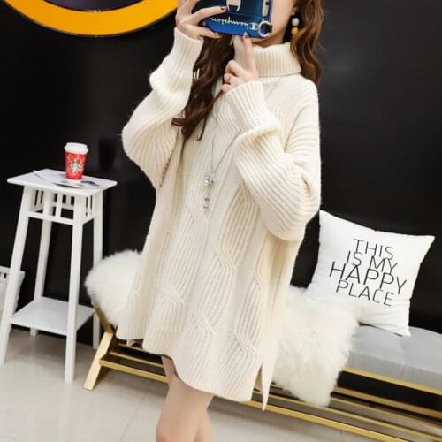 Long-sleeved Turtleneck Mid-length Sweater Female Loose Side Split Solid Color Rib Small Fresh Sweater Pullover Women Spring