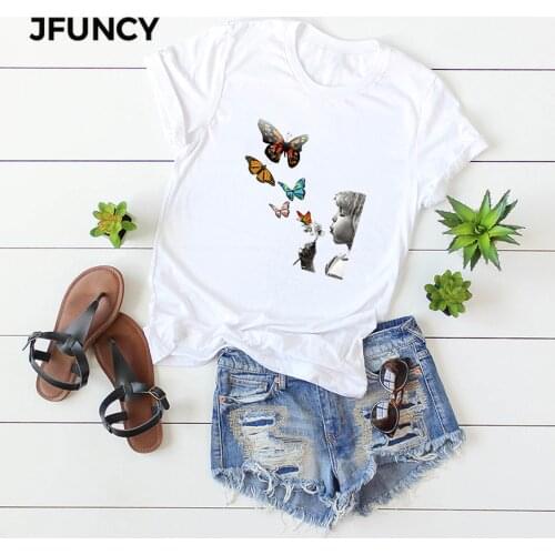 JFUNCY Casual Cotton Shirts Short Sleeve Womens T-shirt Summer Women T Shirt Plus Size Woman Tees Tops Casual Tshirts