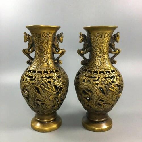 Chinese old copper Pure copper double Dragon phoenix hollow vase a pair