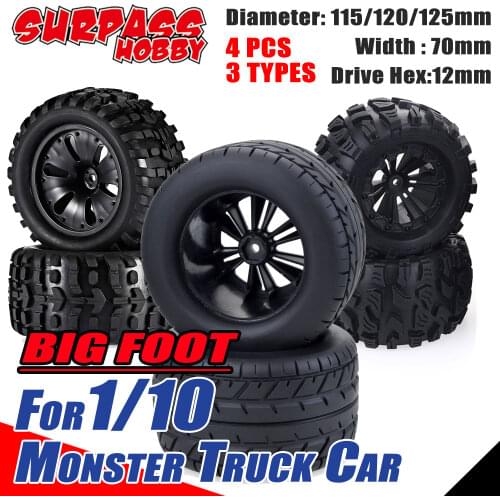 SURPASS HOBBY 1/10 4PCS Tyre Wheel Big Foot 115mm 120mm 125mm Monster Truck Tires Wheels Buggy for RC Car Crawler Traxxas Scx10