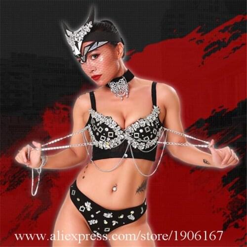 Sexy Lady Cat Woman Headwear Rhinestone Tassel Belly Dance Bikini Set Suit Nightclub Bar Party Event Dress Cosplay DS Clothes