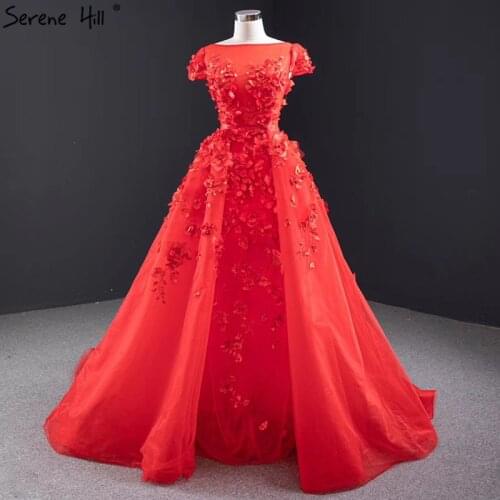 Red O-Neck Handmade Flowers Pearls Evening Dresses 2020 Removable Train Mermaid Short Sleeve Formal Dress HM67077
