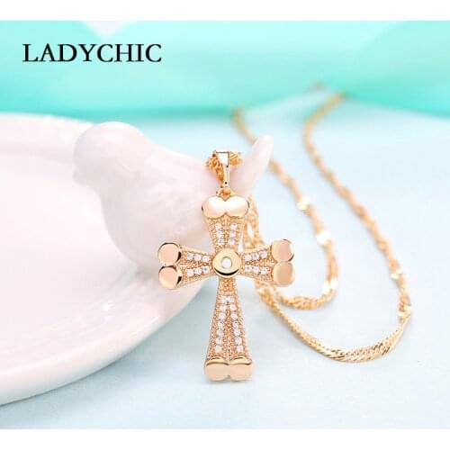 LADYCHIC New Arrival Fashion Gold Cross Necklace Jewelry Women Prayer Shiny Zircon Crystal Pendant Necklace Party Gift LN1081