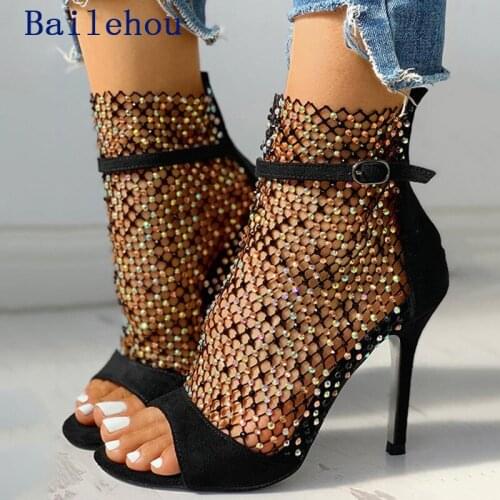 Shoes Summer Women Pumps Sandals High Heels Shoe Peep Toe 2021 Bling Rhinestones Mesh High-Heeled Thin Heels Shoes For Women
