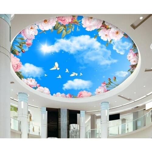 Ceiling murals wallpaper custom 3d photo wall paper for ceiling White clouds pink flower ceiling wall papers home decor 3d