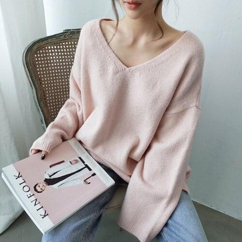 2021 New Loose V Neck Oversize Sweater Lazy Knitted Sweater Long Sleeve Pullovers Woman Pink Black Jumpers Korean Style