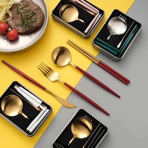 New Removable 304 Stainless Steel Portable Cutlery Set Camping Tableware Chopsticks Spoon Folding Set