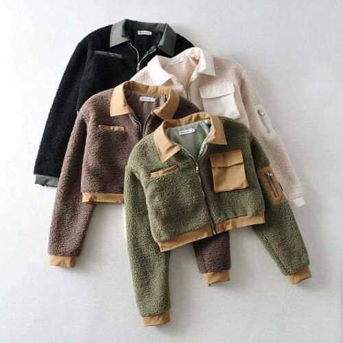 Fashion personalized color matching jacket womens autumn and winter new thickened pocket zipper short lamb wool coat