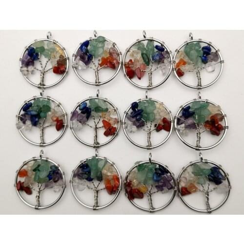 Wire Wrapped Chakra Reiki Healing Crystal Beads Tree of Life Pendant Wholesale Charms Pendants for Necklace Jewelry Making