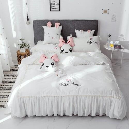 White Pink Gray Yellow Cartoon Rabbit Embroidery 100% Cotton Princess Bedding Set Lace Duvet Cover Bed sheet/Linen Pillowcases