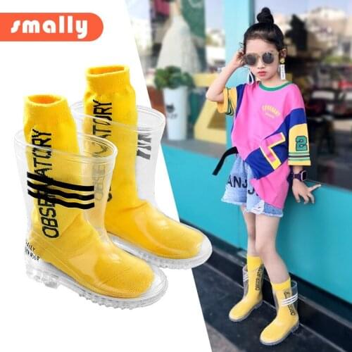 Kids Boys Girls Rain Boots And Letter Sock Transparent Waterproof Striped Non-Slip Rain Shoes Students Child Baby Shoes #8-17