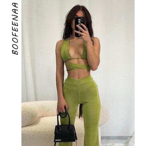 BOOFEENAA Sexy Two Piece Set Cross Halter Bralette Crop Top High Waist Flare Pants Matching Sets Clubwear Summer Outfits C83CG37