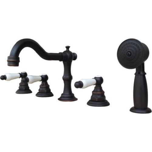 Deck Mounted 5 Holes Bathtub Mixer Faucet Black Oil Rubbed Brass Widespread 3 Handle bathroom basin Faucet Set Handshower atf063