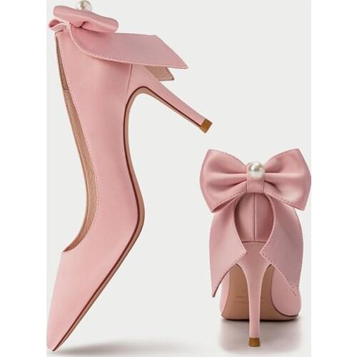 Spring pointed bow stiletto high-heeled large size small size wedding shoes low-heeled party dress all-match womens single shoe