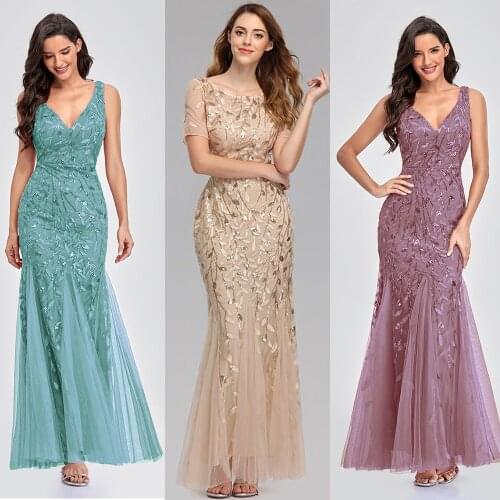 Embroidered beaded Fabric Prom Dresses Sugar Color O-Neck Short Sleeve Elegant Little Mermaid Dresses Formal Party Gowns 2020