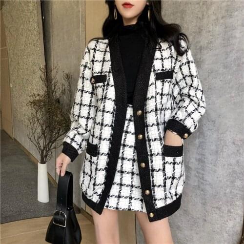 Autumn Winter Runway Women Suit 2 Piece Set Vintage Single-breasted Loose Plaid Jacket Coats + Plaid Pencil Skirt Two Piece Set