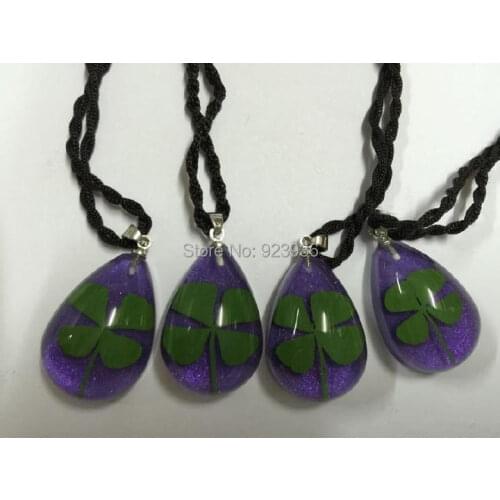 FREE SHIPPING St. Patricks Day 12 PCS real four leaf clover purple teardrop cool cute pendant