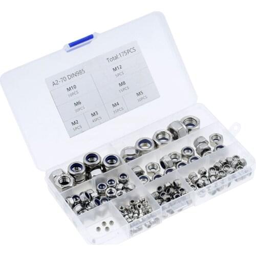 175PCS/Box Nylon Lock Nut 304 Stainless Steel M2 M3 M4 M5 M6 M8 M10 M12 Hex Hexagon Self Locking Nut Assortment Kit