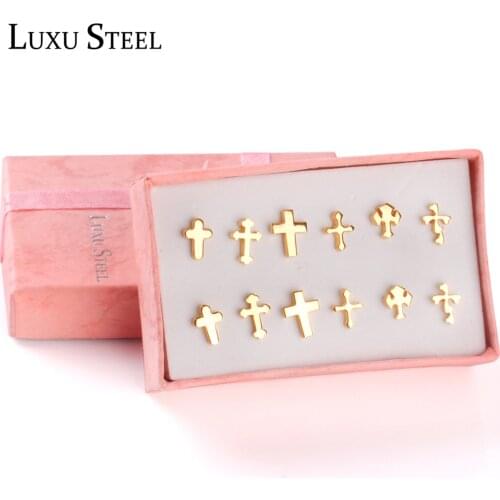 LUXUSTEEL Jesu Cross 6Pairs/Boxes Earring Sets Stainless Steel Stud Earring Jewelry Bijoux Party Collier