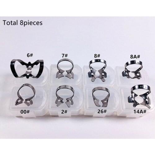 8Pis/lot Rubber Dam Clamps Clip Dental Barrier Clips Soft Resin 8Sizes Stainless Steel 6#-14A# Boxed