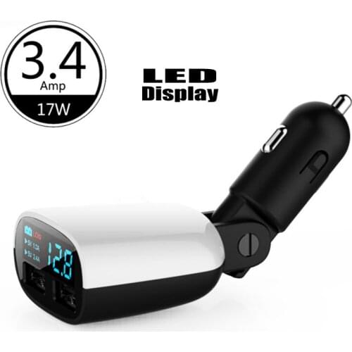 3.4A Dual USB Car Charger with LED Screen Swing Head Design Car Charger Adapter for Apple iPhone 7 8 X Samsung