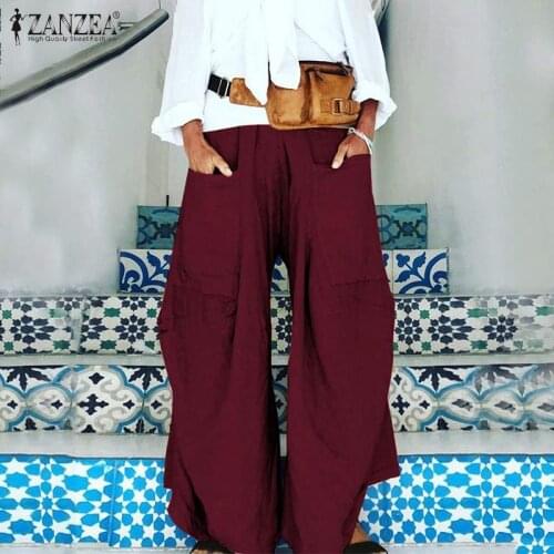 Fashion Wide Leg Pants 2021 ZANZEA Womens Trousers Casual Solid Summer Elastic Waist Pant Female Front Pockets Pantalon Palazzo