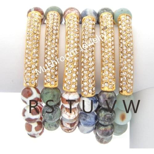 Boho Amazonite labradorite Dzi Agates Beads Pave Crystal Gold Tube Bar Chic Stretch Bracelet