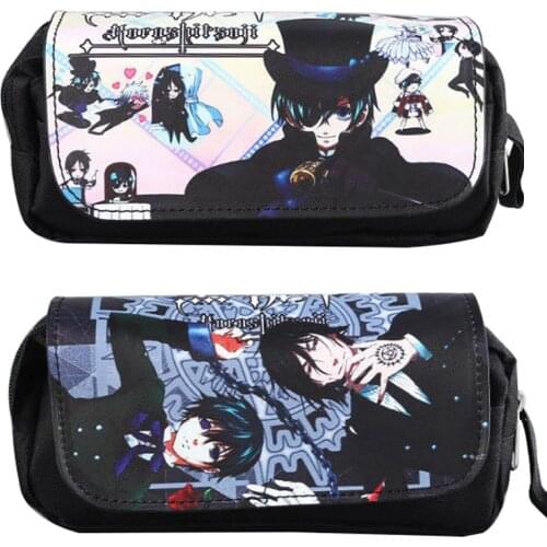 Black Butler Pen Bag Purse Anime Sebastien Shire Big Capacity Double Zipper Leather Purse Pencil Stationery Students Wallets
