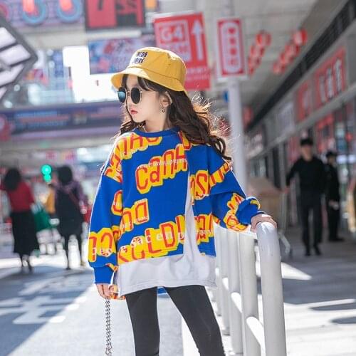 Child Girls Oversize Sweatshirt 2021 Spring Long Sleeve Faux 2 pieces Fashion Tops for 8 10 12 years
